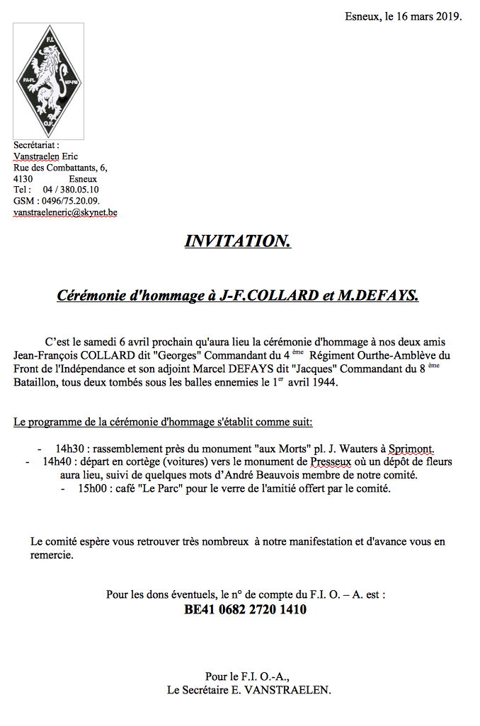 Invitation. Cérémonie d|hommage à J-F. COLLARD et M. DEFAYS. 2018-04-07